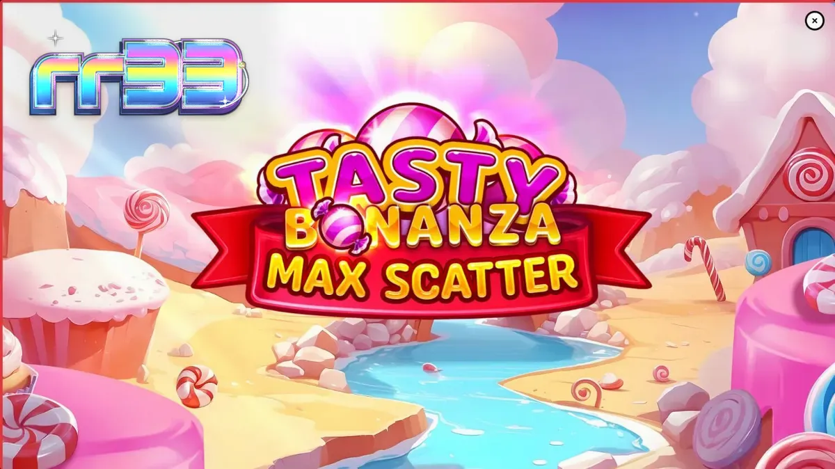Tampilan visual penuh warna dari slot Tasty Bonanza Max Scatter dengan simbol permen.
